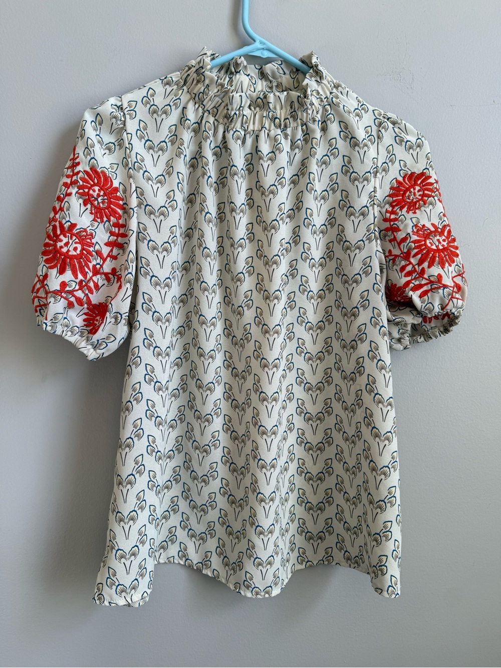 Smocked Neck White Floral Puff-Sleeve Top with Red Embroidered Sleeves